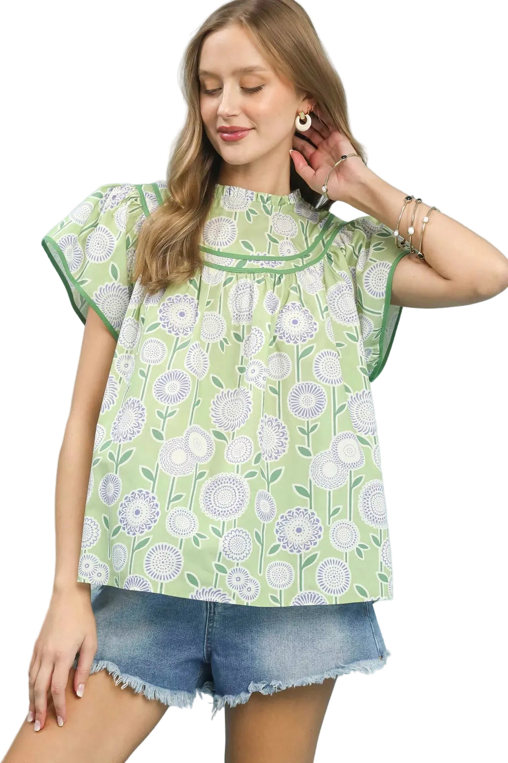 Umgee Retro Floral Smocked Babydoll Blouse with Vintage-Inspired Design