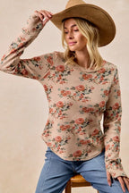 BiBi Womens Blouse Taupe Floral Print Washed Waffle Thermal Top with Thumbs c9af539d96784d7da21a1a08a0a40862-Max-Origin Trendsi