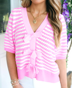 Damen V-Ausschnitt Strickjacke Gestreift Rosa Schleife Kurzarm Lässig Stylisch Locker