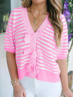 Striped Short Sleeve Knit V-Neck Cardigan with Bow Knot Detail