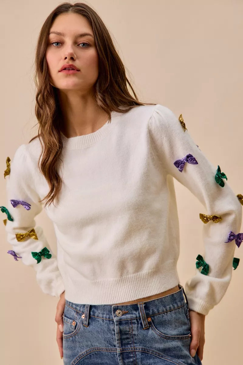SO ME Sweater Knit Top Mardi Gras Glitter Bow Ribbon Ivory c9babb69c05b4f6cbd95835cc68bf4c2-Max-Origin Trendsi