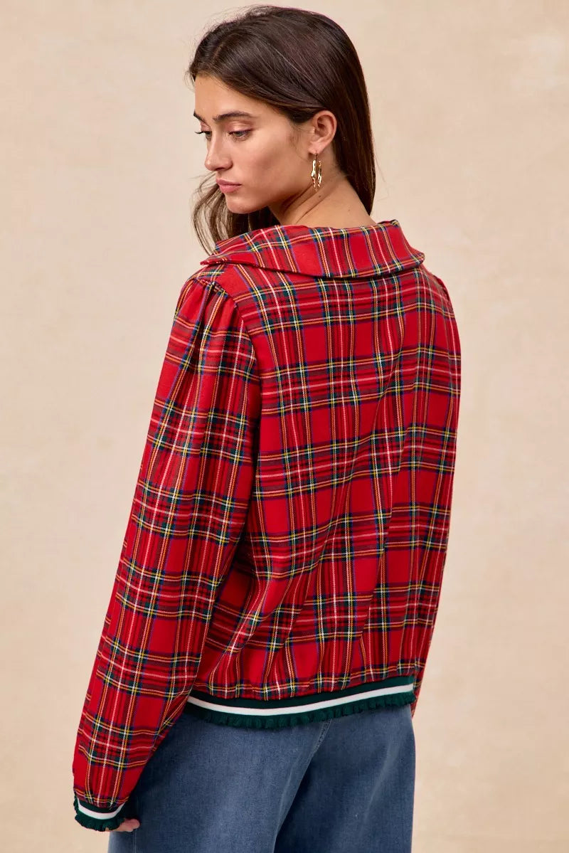 BiBi Christmas Womens Blouse Red Plaid Collared Top with Ruffled Detail c9bbad5201b1461a806dc8dab5a9c95e-Max-Origin Trendsi