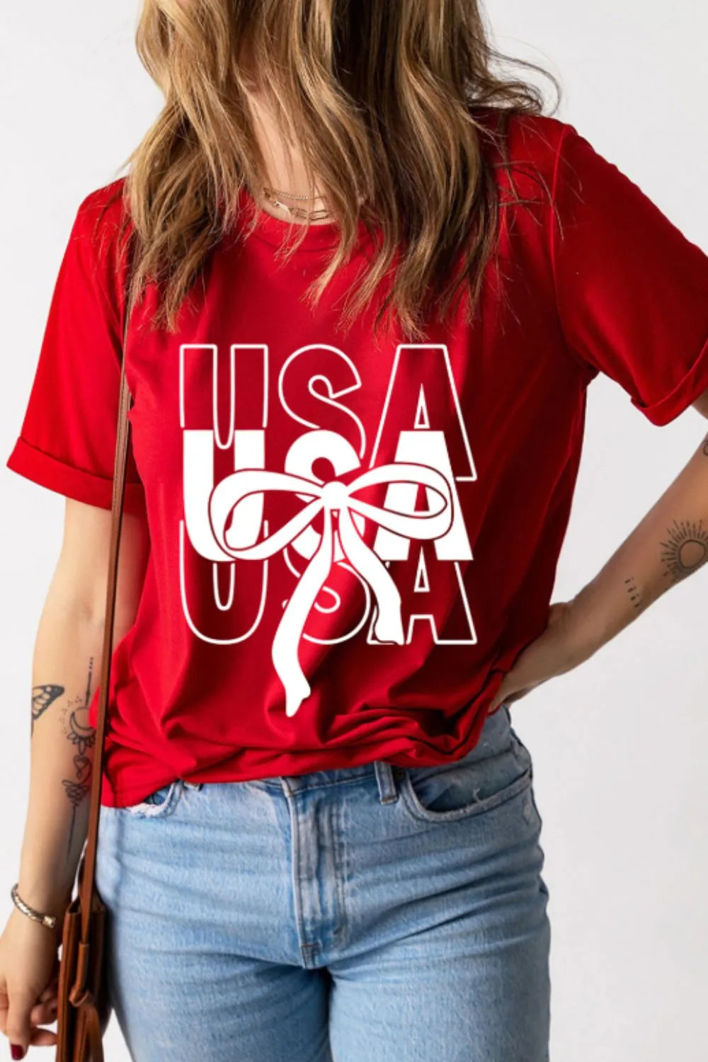 Women's T-Shirt Patriotic USA Bow Graphic Print Red Short Sleeve Top Tees Red c9bfc3f7-959b-440a-8a4e-d50057ad1358-Max-Origin Trendsi