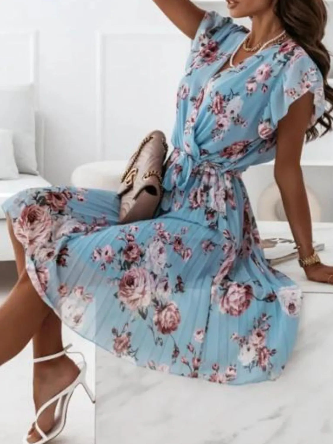 Floral Ruffle Dress Surplice Ruffled Cap Short Sleeve Tied Waist c9c2c2e0-d1d3-40ab-a44f-47ea99d8bc7f-Max-Origin Trendsi