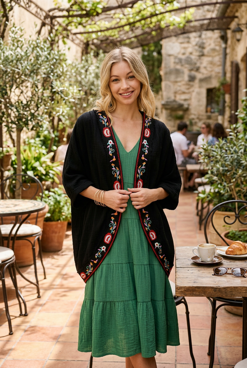 Umgee Women's Embroidery Open Front Kimono with Pleated Shoulder Detail
