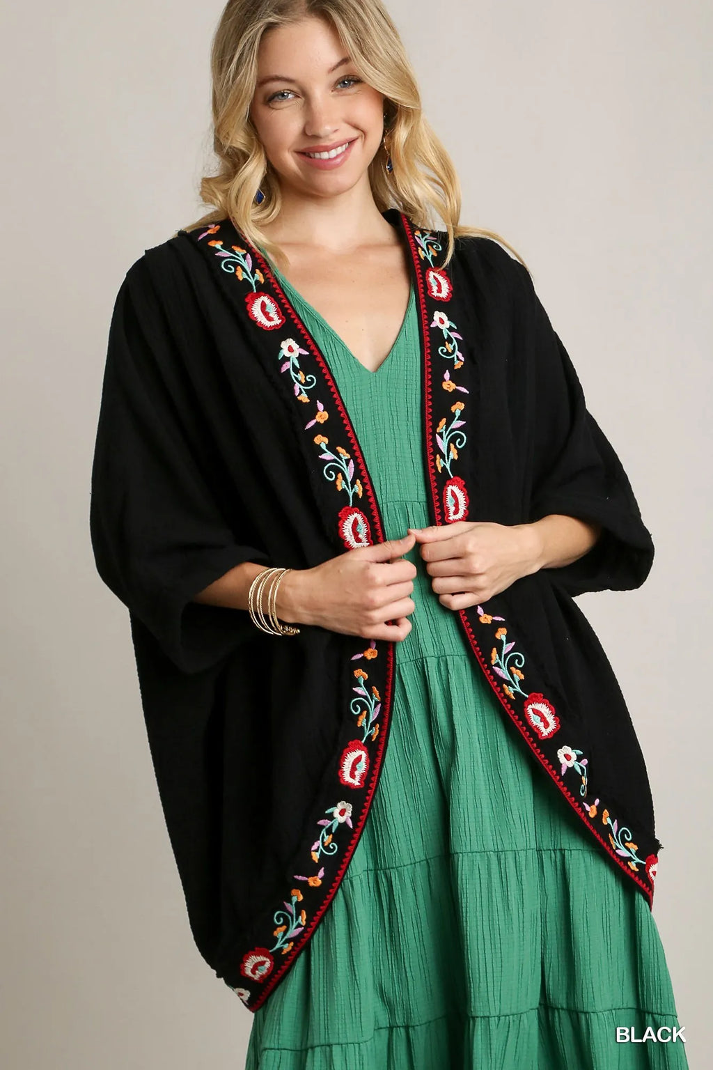 Umgee Kimono Black Cotton Embroidery Open Front with Pleated Shoulder Detail Black c9cd1003-baae-4522-b51e-1767a3f0f304-Max-Origin Trendsi