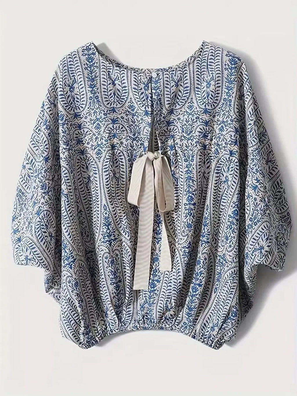 Women's Blouse Blue Bohemian Print Round Neck Loose Batwing Sleeve Top c9d6569526514a29abcc25b986eec907-Max-Origin Trendsi