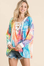 BiBi Tie Dye Womens Top Deep V-neck Blouse With Lace Up Front c9dd4e52404243949272d0e91ffff794-Max-Origin Trendsi