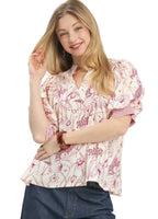 Umgee Blouse Red Mixed Print Puff Short Sleeve Split Neck Top RED c9ddd177-b347-4bef-a9ab-30fc7e4230b4-Max-Origin Trendsi