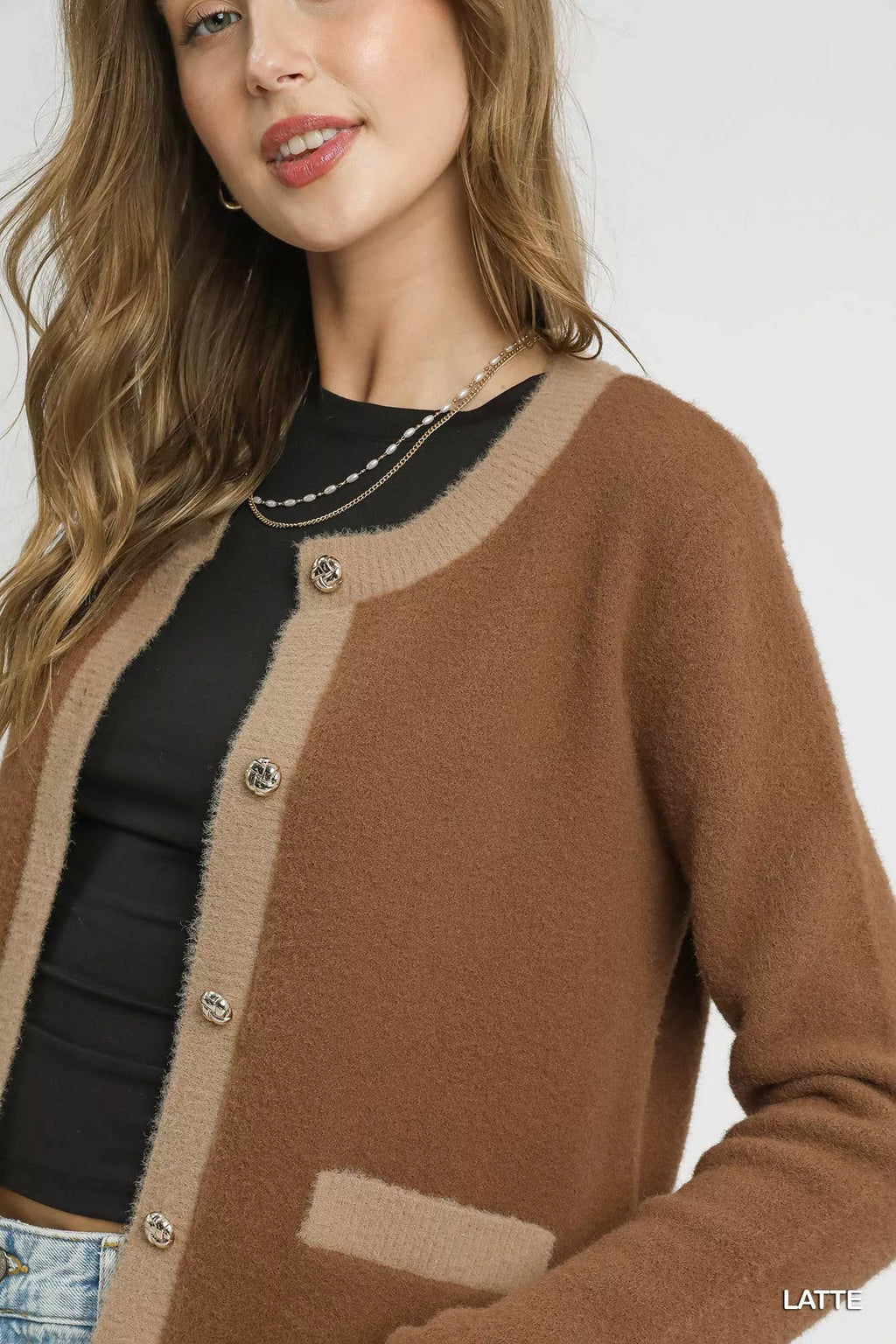 Umgee Womens Cardigan Latte Brown Two-Tone Button Front Sweater c9df7e2f-66b1-42a7-a1d7-03cfbda0e5c2-Max-Origin Trendsi