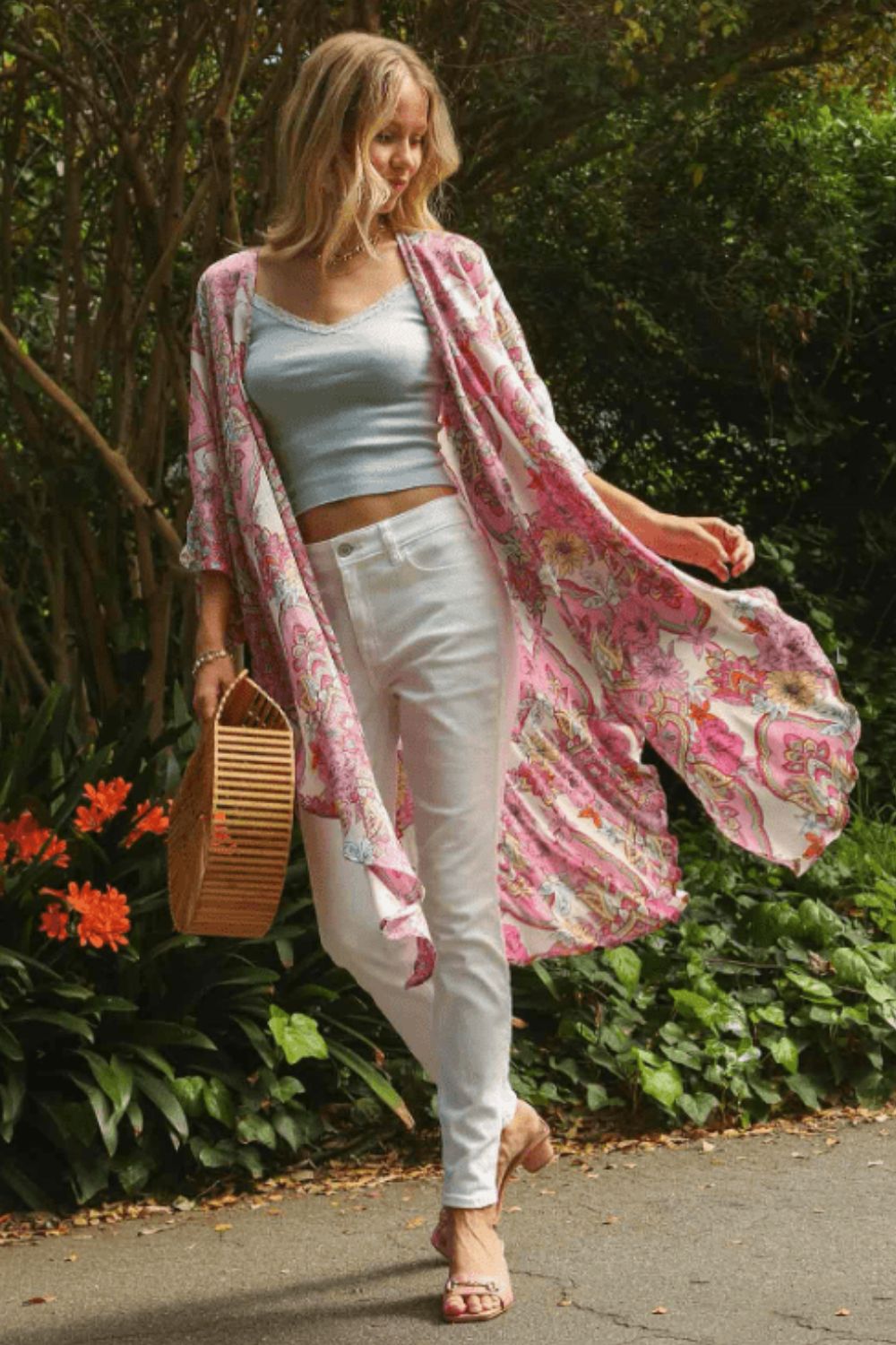 Umgee Kimono Floral Pink Mixed Print Open Front with Ruffle Sleeves Pink Mix c9e1e68f-10ac-4d31-921b-a6ebc3e40e27-Max Trendsi