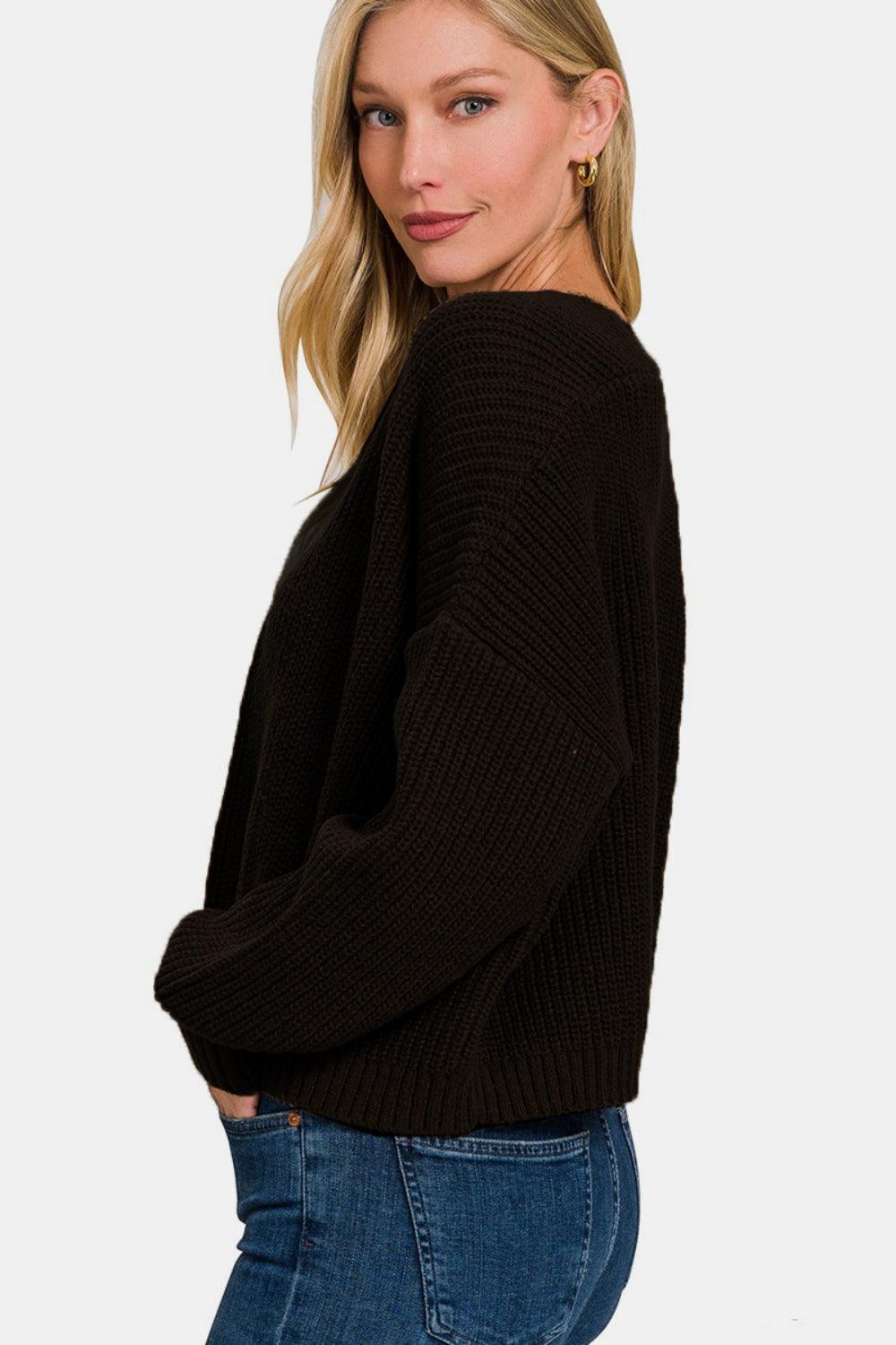 Zenana Black Cardigan Open Front Drop Shoulder Sweater Long Sleeve c9eab404-fed0-4ebe-afc4-f4b92179818a-Max Trendsi