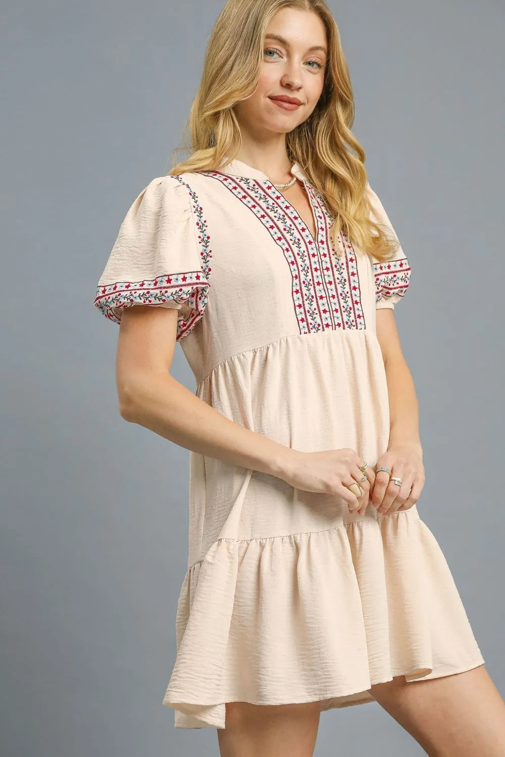 Umgee Mini Dress Ruffled Floral Trim Embroidered Puff Short Sleeve Ruched c9f2293f-3c62-4630-91ed-e82a2fc534f5-Max-Origin Trendsi