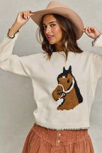 SO ME Horse Sweater Top Ivory Knit with Blanket Stitch Long Sleeve c9f34629c7a346779d3342394b565b22-Max-Origin Trendsi