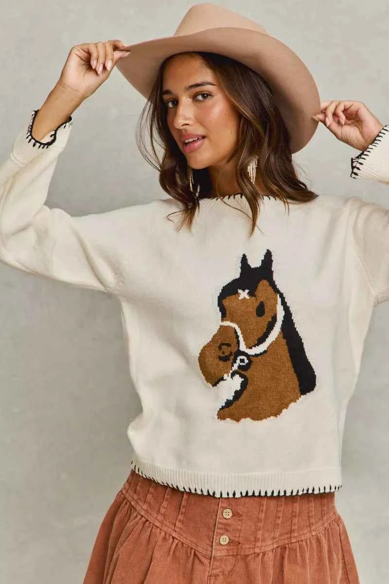 SO ME Horse Sweater Top Ivory Knit with Blanket Stitch Long Sleeve c9f34629c7a346779d3342394b565b22-Max-Origin Trendsi