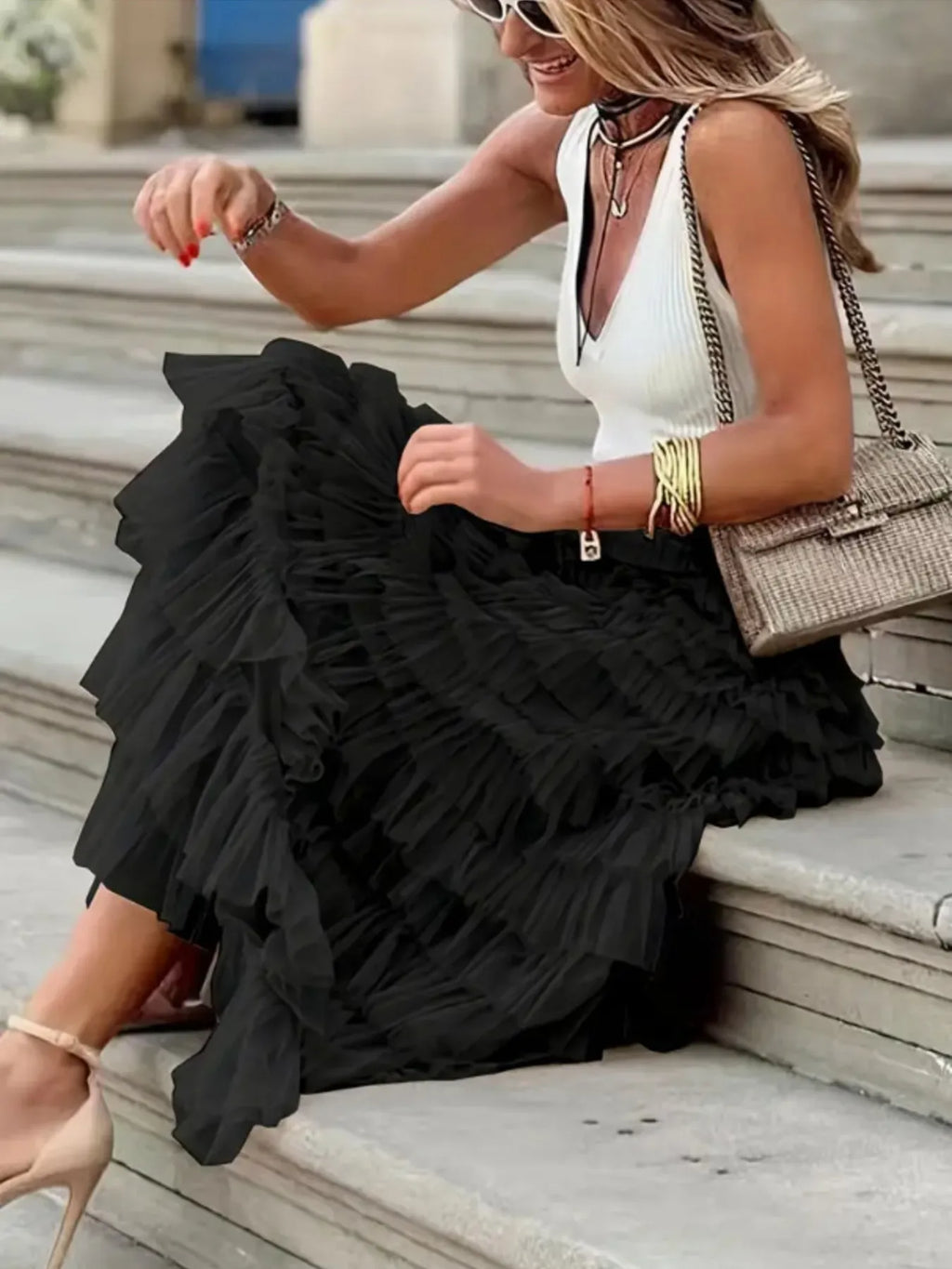 Ruffle Maxi Skirt Layered Mesh Tiered Elastic Waist Black c9f86efe2850449eb989962afd0102df-Max-Origin Trendsi