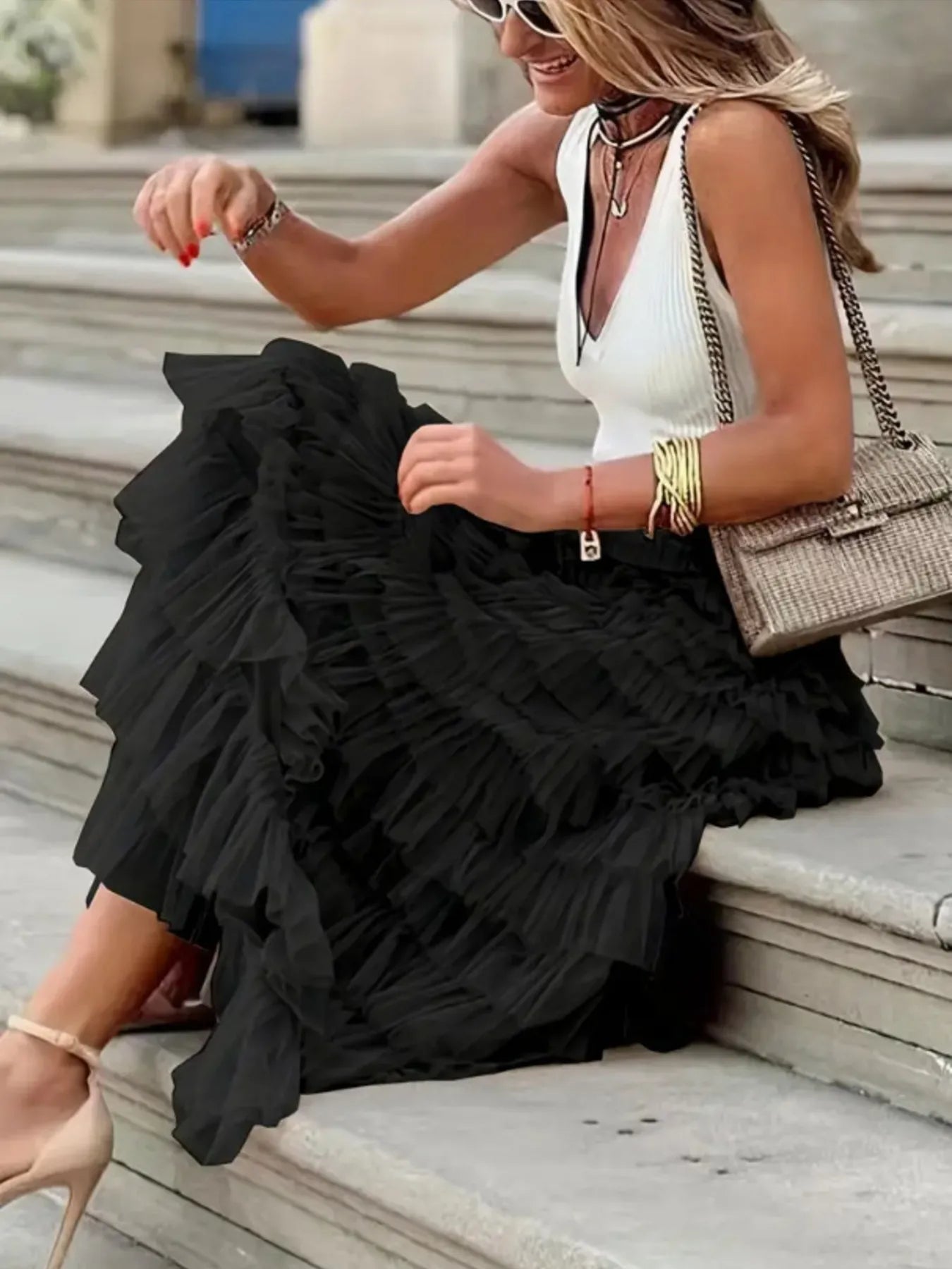 Ruffle Maxi Skirt Layered Mesh Tiered Elastic Waist Black c9f86efe2850449eb989962afd0102df-Max-Origin Trendsi