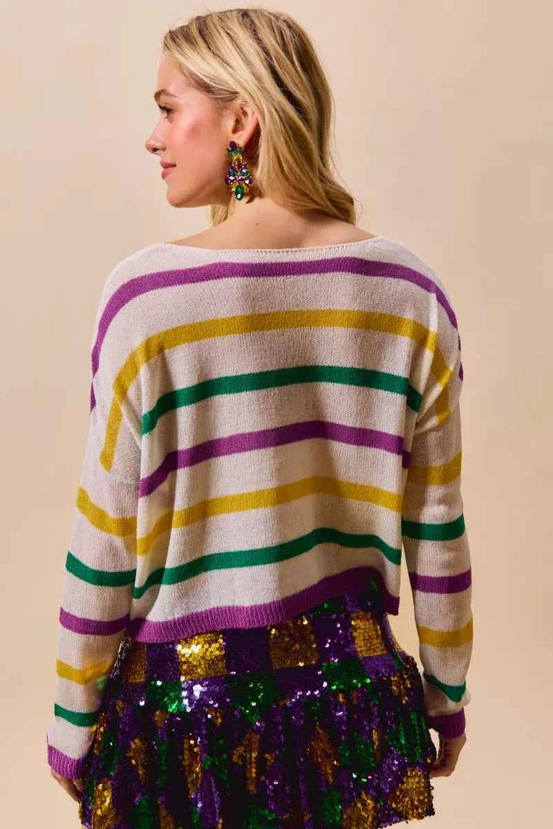 SO ME Mardi Gras Color Stripe Lightweight Sweater Top