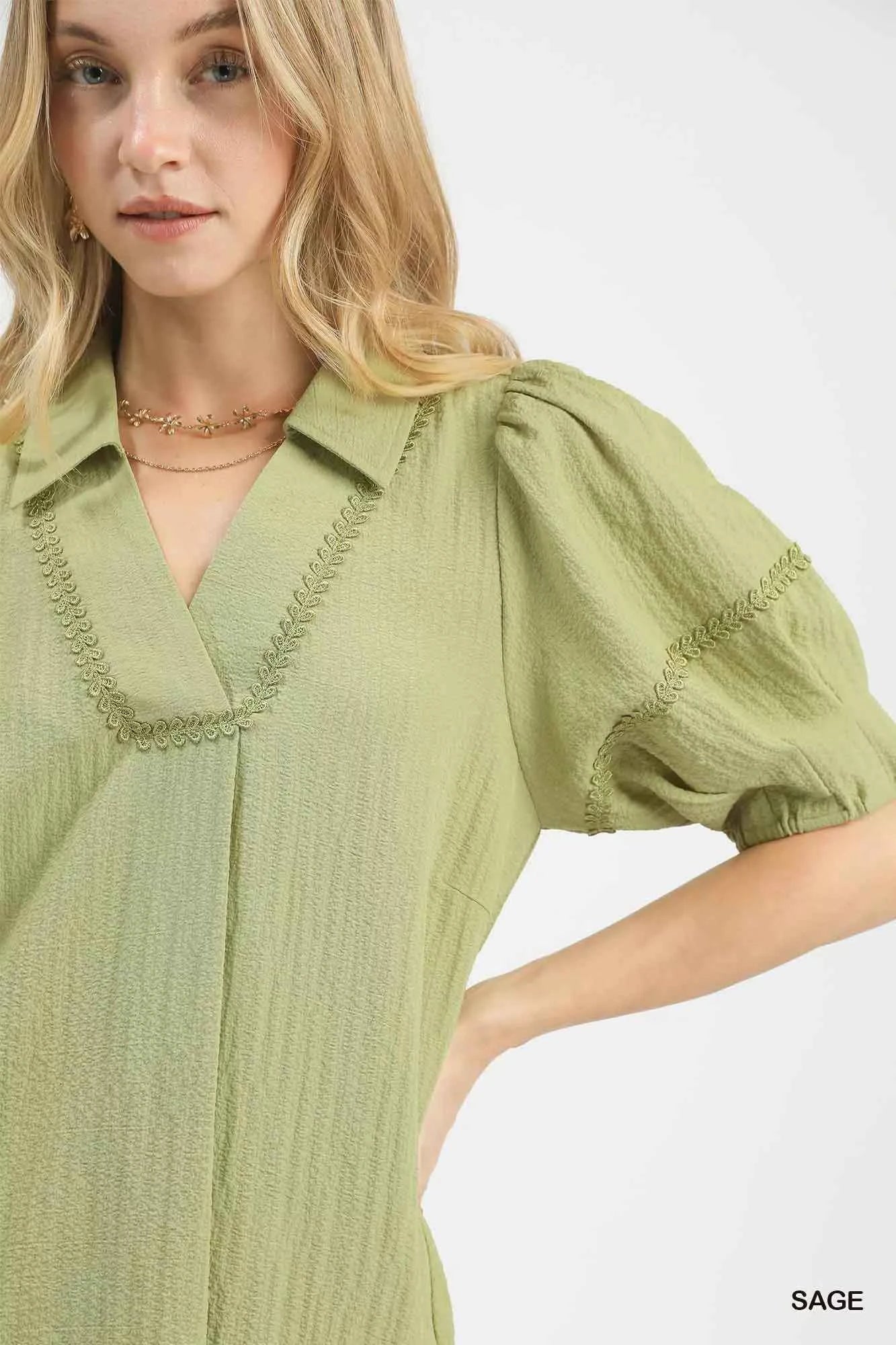 Umgee Blouse Sage Green Textured Puff Short Sleeve Top ca051780-d3f9-4a7b-a2f0-b8068c24a263-Max-Origin Trendsi