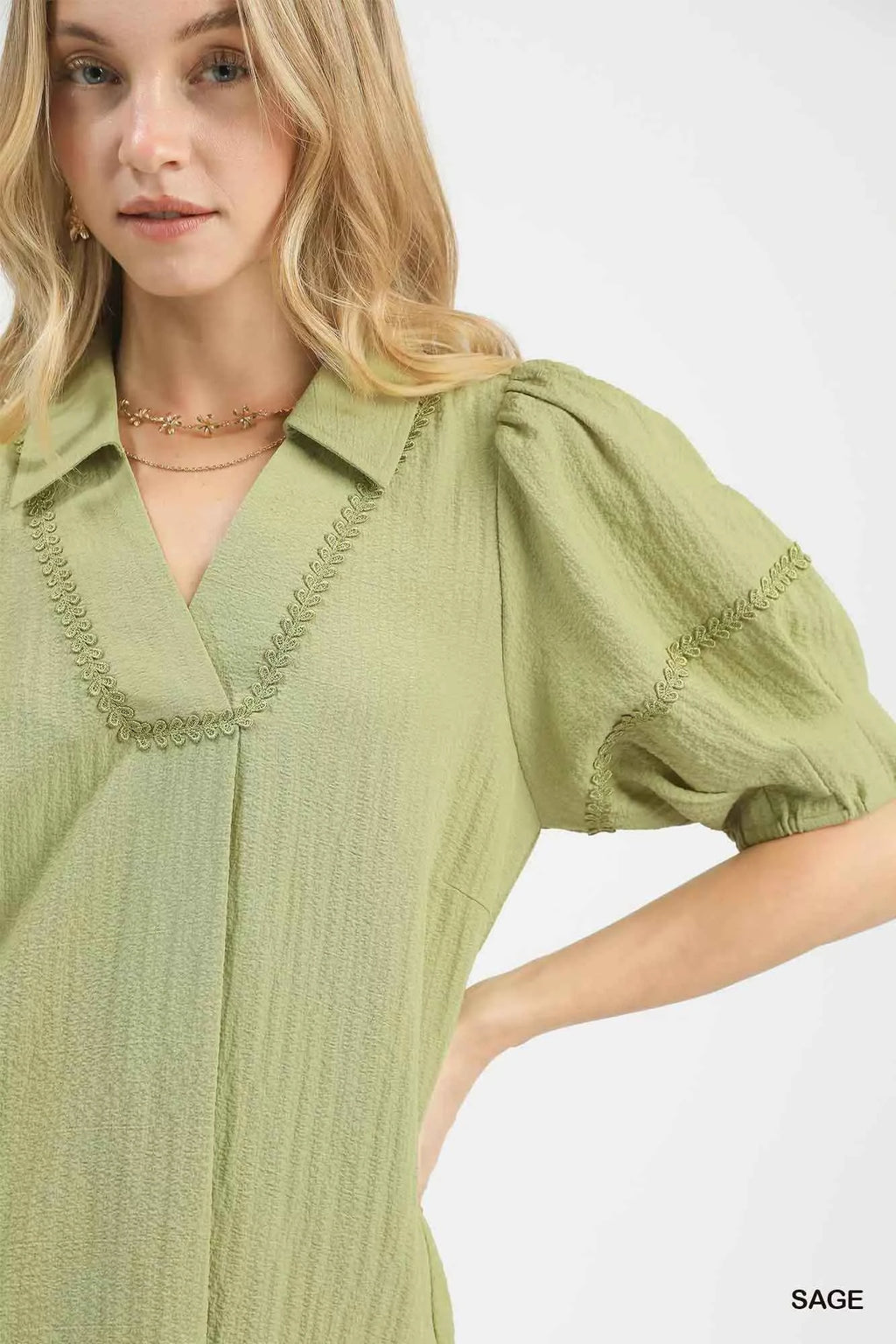 Umgee Blouse Sage Green Textured Puff Short Sleeve Top ca051780-d3f9-4a7b-a2f0-b8068c24a263-Max-Origin Trendsi