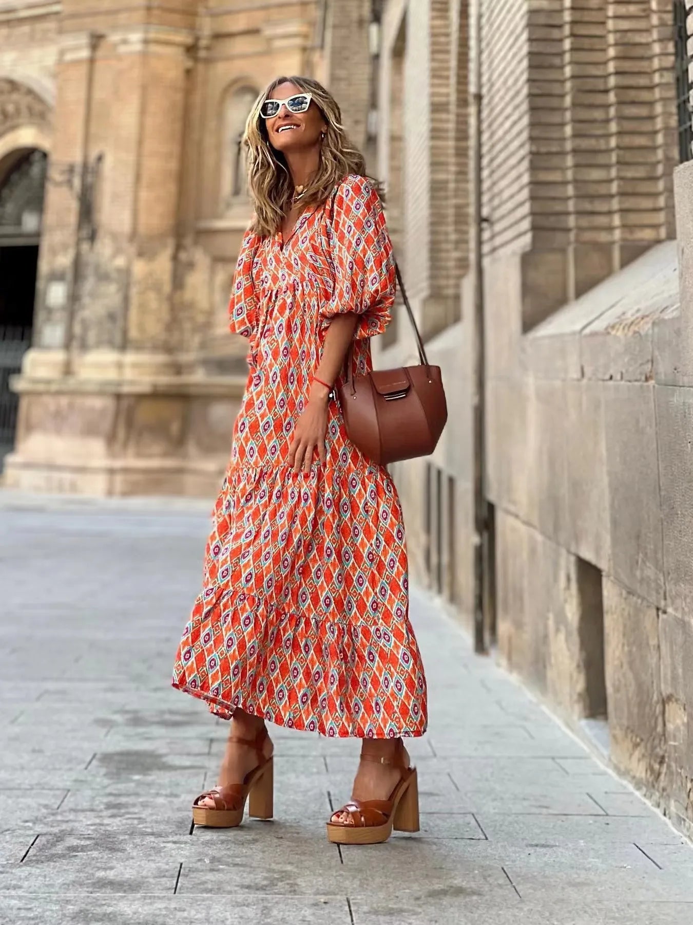Maxi Dresses Colorful Printed V-Neck Balloon Short Sleeve Ruffled Oversized ca1708ae22ee405db3ef7b2ad62ae560-Max-Origin Trendsi