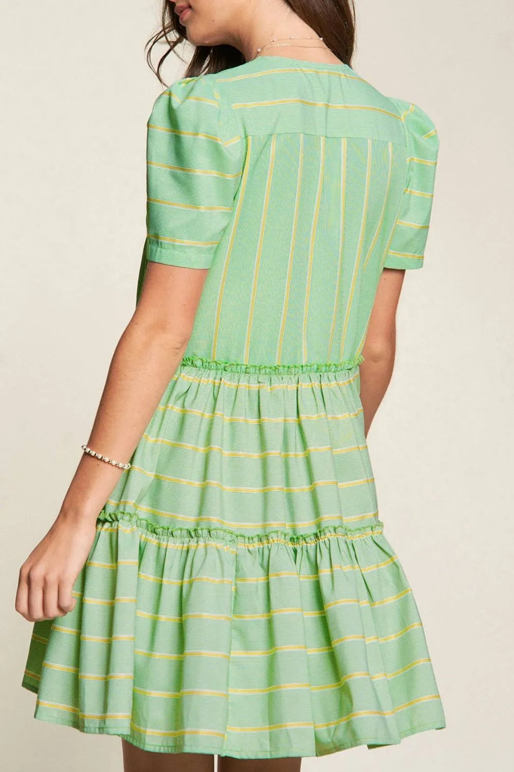 Ruffle Dress Stripe V Neck Green Short Sleeve Frilled Detail ca18f3c5-ccb4-43dc-b540-b59bbde61eac-Max-Origin Trendsi