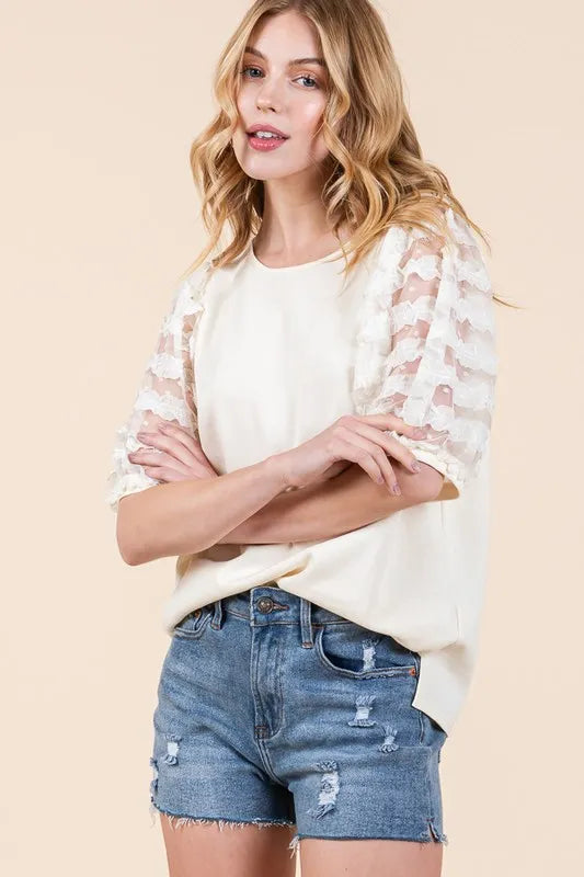 Lime 'N' Chili Top Lace Puff Sleeve Round Neck Cream Blouse ca23f74e-c4c7-4ebf-8869-e0376b2451a0-Max-Origin Trendsi