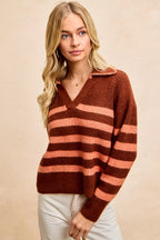 BiBi Womens Striped Sweater Top with Collar Stitched Details ca2528a7af2d481a9b172bc5f05c411a-Max-Origin Trendsi