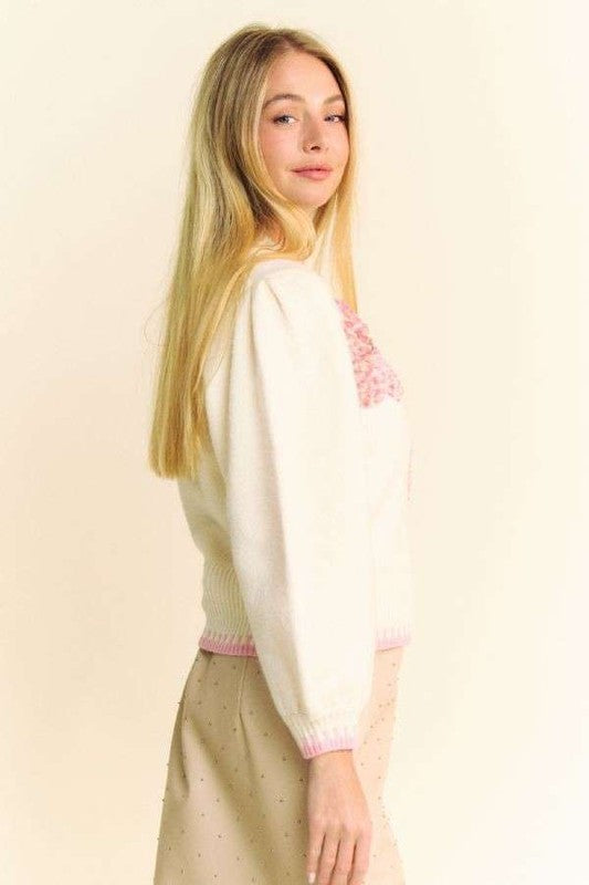 Women Sweater Davi & Dani Flower Patch Fuzzy Mock Neck Ivory Knitwear