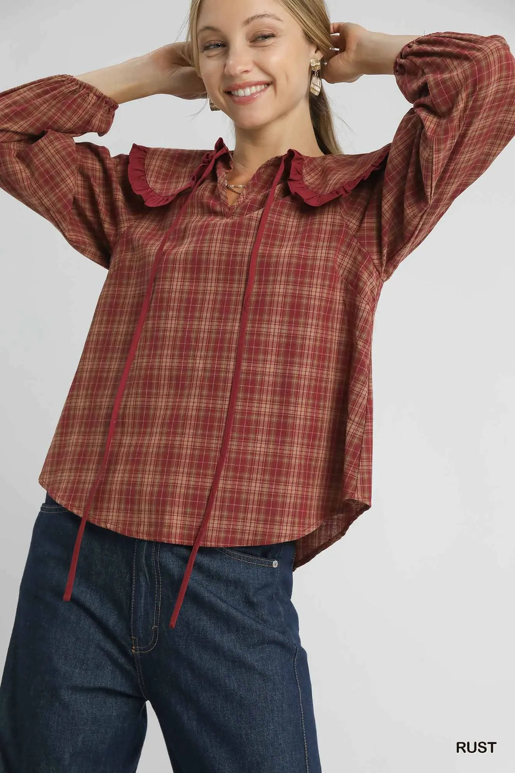 Umgee Women's Blouse Rusty Plaid Ruffle Collar Long Sleeve Top Rust ca28968f-323d-4ae9-bd2f-588e5ca289ee-Max-Origin Trendsi