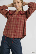 Umgee Women's Blouse Rusty Plaid Ruffle Collar Long Sleeve Top Rust ca28968f-323d-4ae9-bd2f-588e5ca289ee-Max-Origin Trendsi