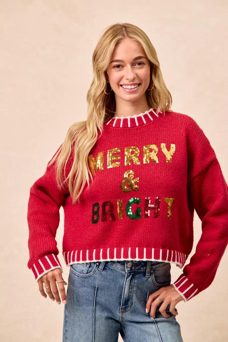BiBi Christmas Theme Sweater Sequin Lattering Womens Red Knit Pullover ca2f5487eef24b5c9dd05004a8a680d1-Max-Origin Trendsi