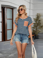 Women's T-Shirt Striped Round Neck Short Sleeve Front Pocket Top ca3311ca-f3d8-4052-a26c-c13220c03b16-Max Trendsi
