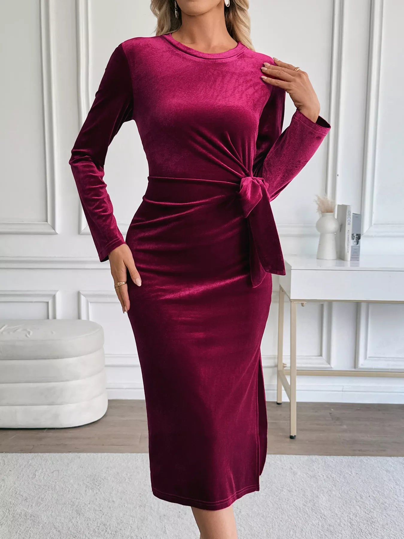Velvet Midi Dress Burgundy Slit Round Neck Long Sleeve with Side Tie Detail ca343f0b33e345e0b429b6948ac77d9e-Max-Origin Trendsi
