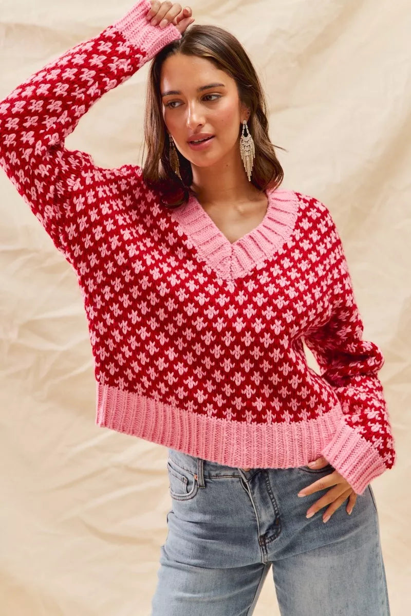 SO ME Christmas Women's Sweater Red Pink Color Block Textured V Neck Top ca3a134540e444ddbc32b065c18ad6c0-Max-Origin Trendsi