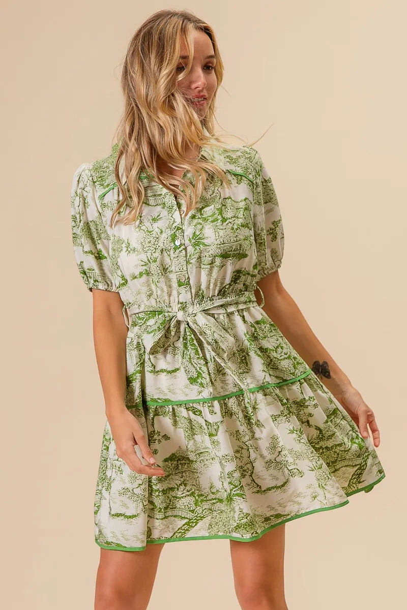 BiBi Mini Shirt Dress Floral Green Printed Tiered Belted Short Sleeve ca3b8d0a264e4396b7c8a7597d54b12e-Max-Origin Trendsi