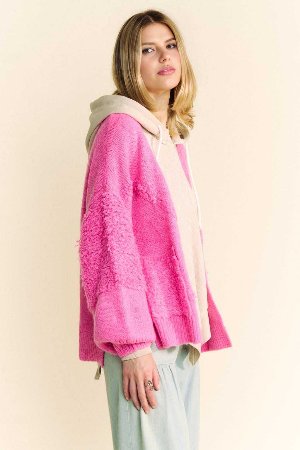 Davi & Dani USA Pink Cardigan Woolen Blend Side Slit Open Front Long Sleeve ca417398-7db3-4a85-8071-c8fd87f4dccf-Max Trendsi