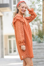 And The Why Mini Dress Swiss Dot Camel Lovely Ruffle Shoulder with Textured ca4231ea420e40fe9392c6938f643dde-Max-Origin Trendsi