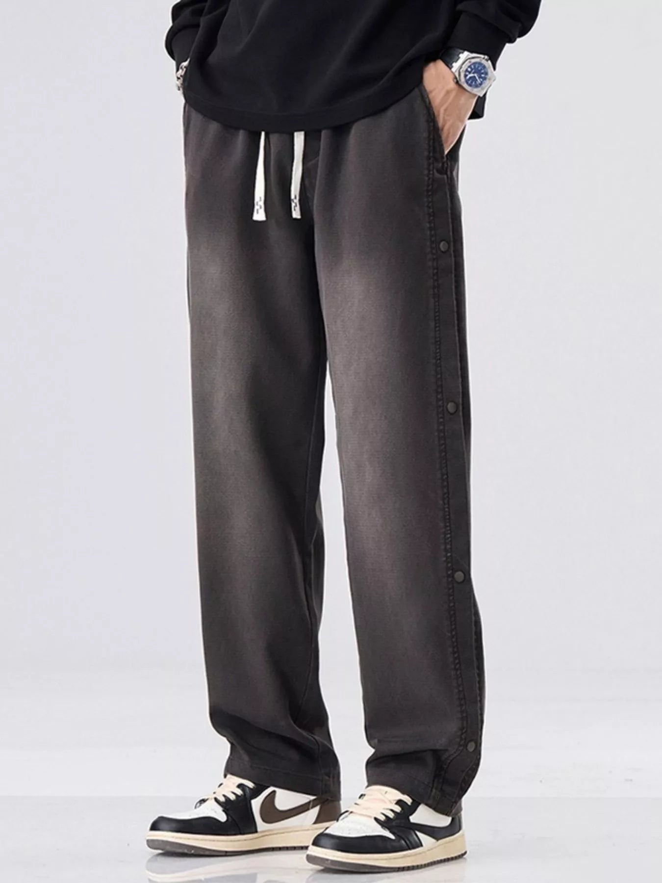 Men's Wide Leg Pants Drawstring Waist Washed Plus Sizes M-4XL Black