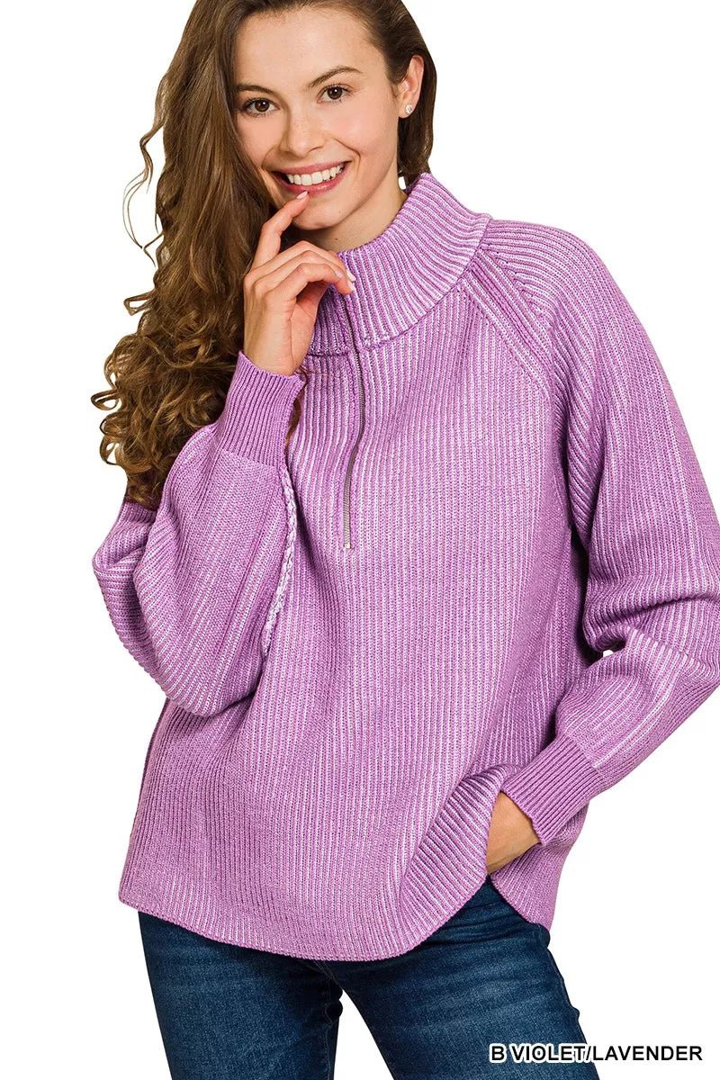 Zenana Womens Sweater Violet Ribbed Two Tone Half Zip Collared ca431c215f344536b5476f065c596db8-Max-Origin Trendsi