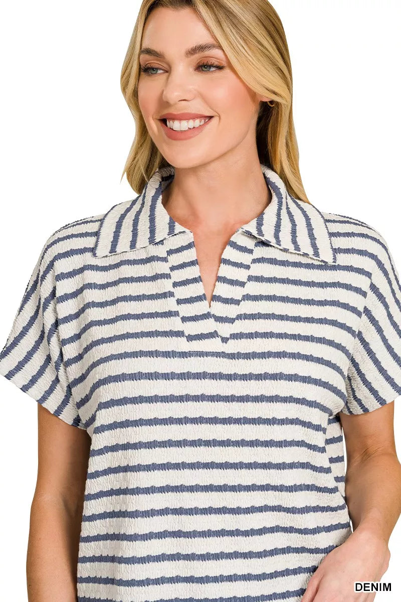 Zenana Blouse Blue Striped Split Neck Collared Top Short Sleeve ca45bed502f14575bf1a2d36b01abb03-Max-Origin Trendsi