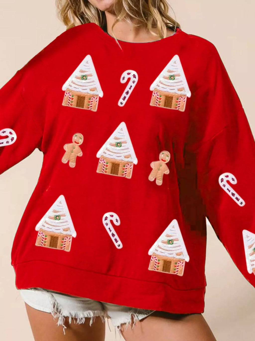 Christmas Women's Sweatshirt Gingerbread House Sequin Pullover Red ca465d91-0d53-470d-8fac-e03d2bfdc7fe-Max-Origin Trendsi