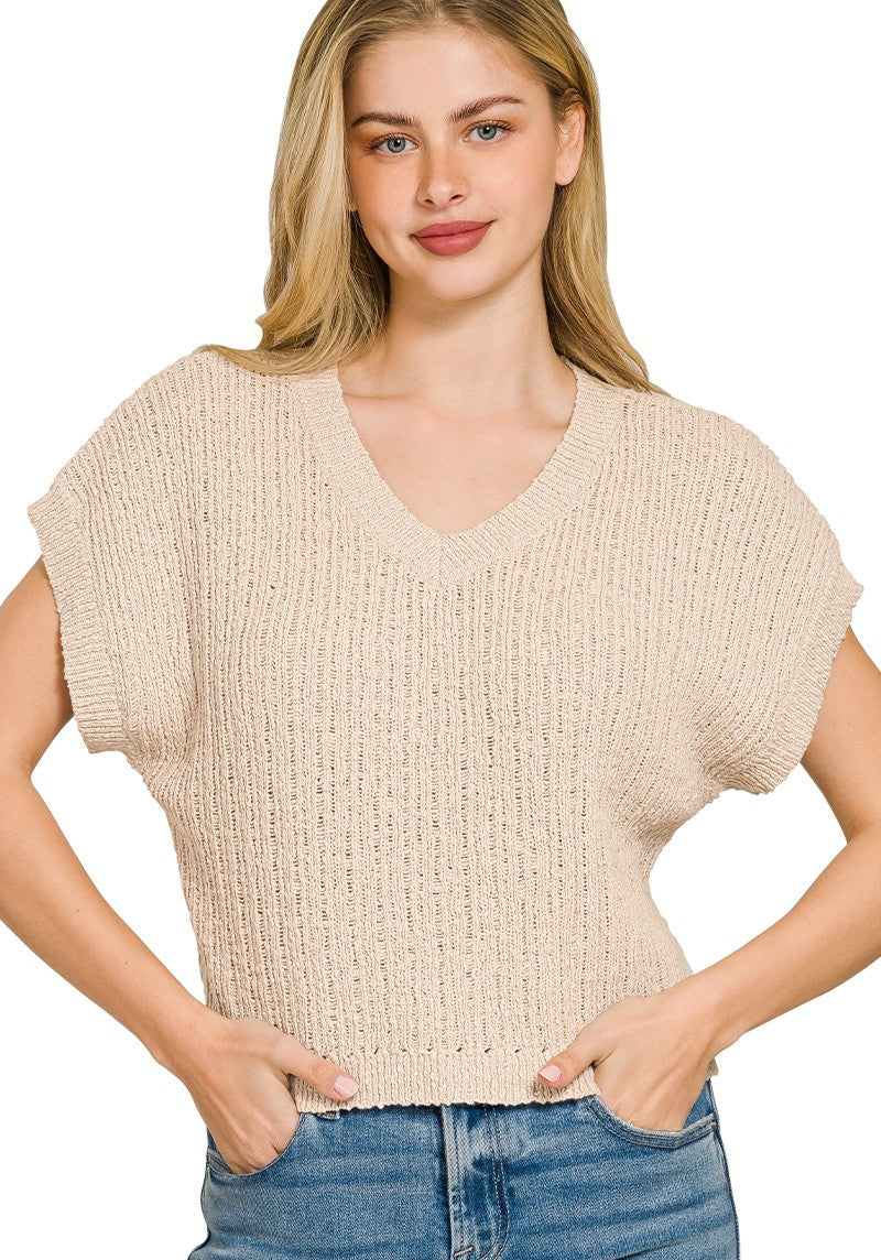 Zenana Textured Knit V-Neck Cropped Sweater