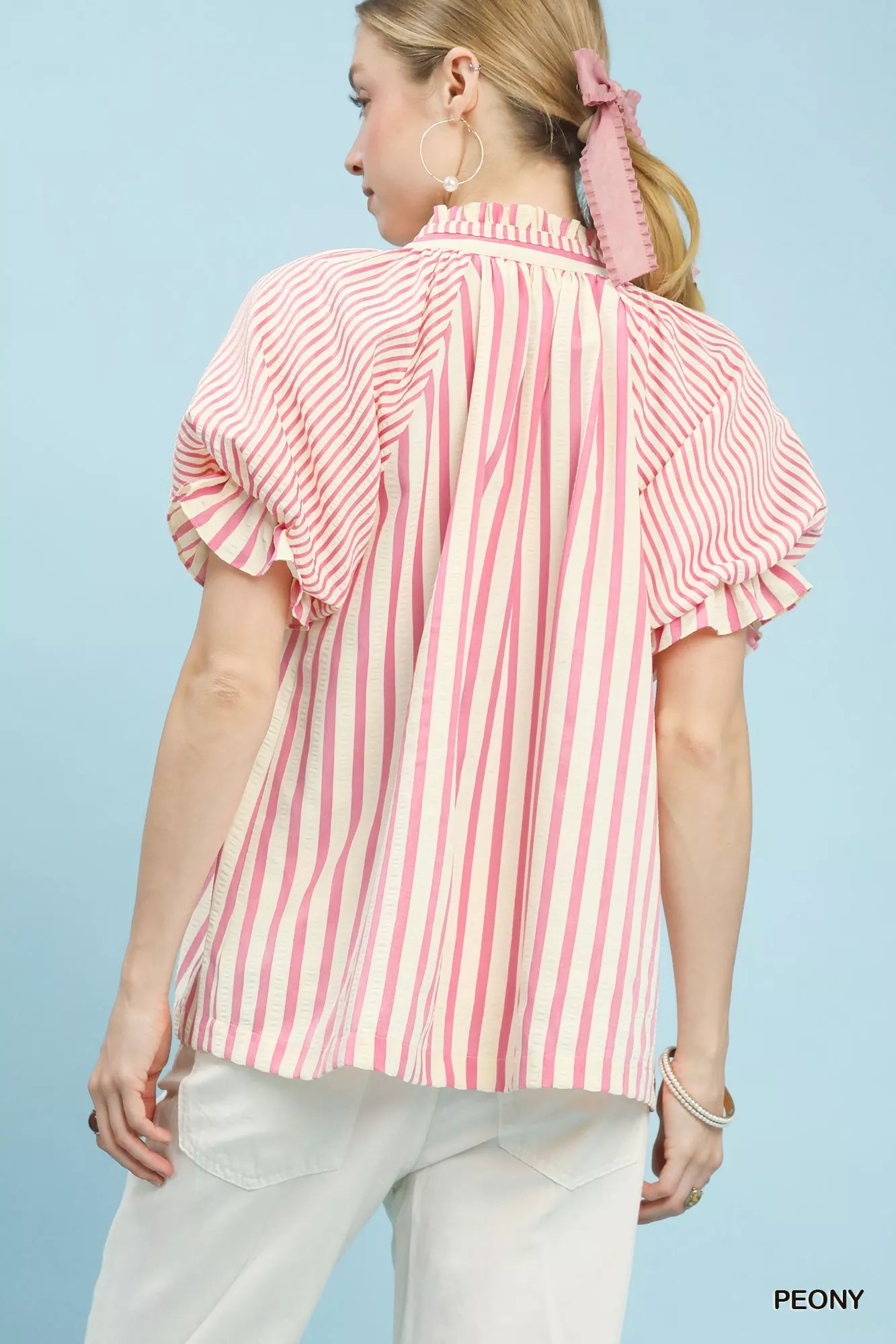 Umgee Blouse Peony Pink Striped Notched Top with Short Flutter Sleeves ca489814-031f-4b84-93ba-b93d6cbbe649-Max-Origin Trendsi