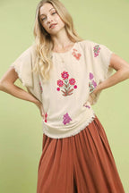 Umgee Womens Linen Blend Blouse Embroidered Frayed Hem Top Short Sleeve OATMEAL ca4a90ea-27f2-4a2a-9268-4fce8cd9e20d-Max-Origin Trendsi
