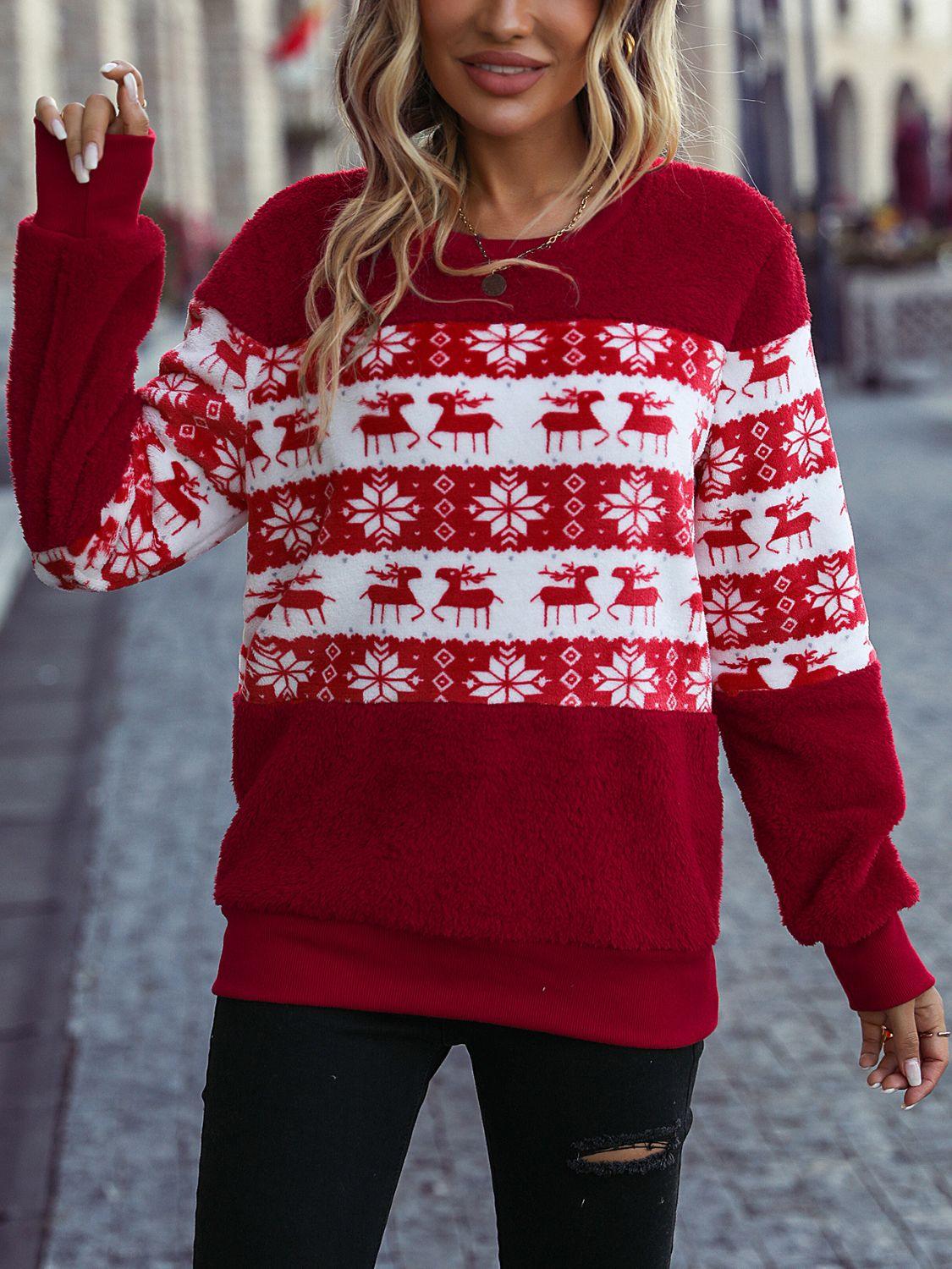 Christmas Pattern Women Sweater Round Neck Long Sleeve Pullover