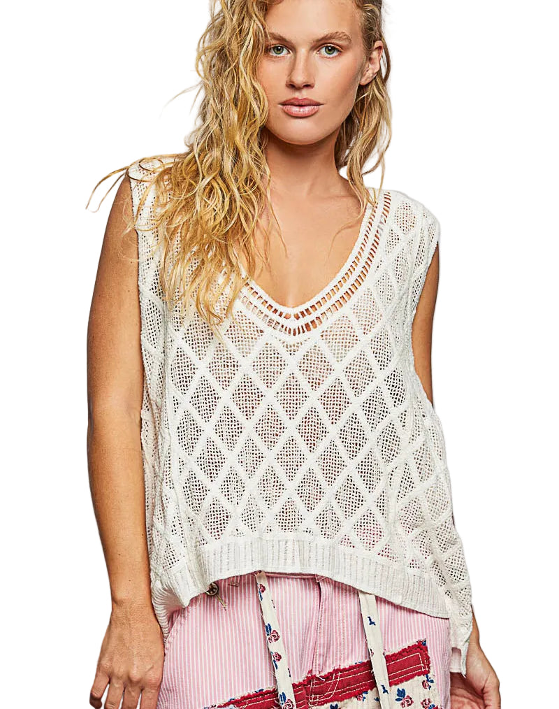 POL V-Neck Crochet Tank with Diamond Weave Knit Patterns Lightweight Off White Top