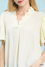 Umgee Blouse Ecru Seersucker Puff Sleeve Short Sleeve Top ca4f9452-c70a-4de3-b0c1-8cfac5f5a0d7-Max-Origin Trendsi