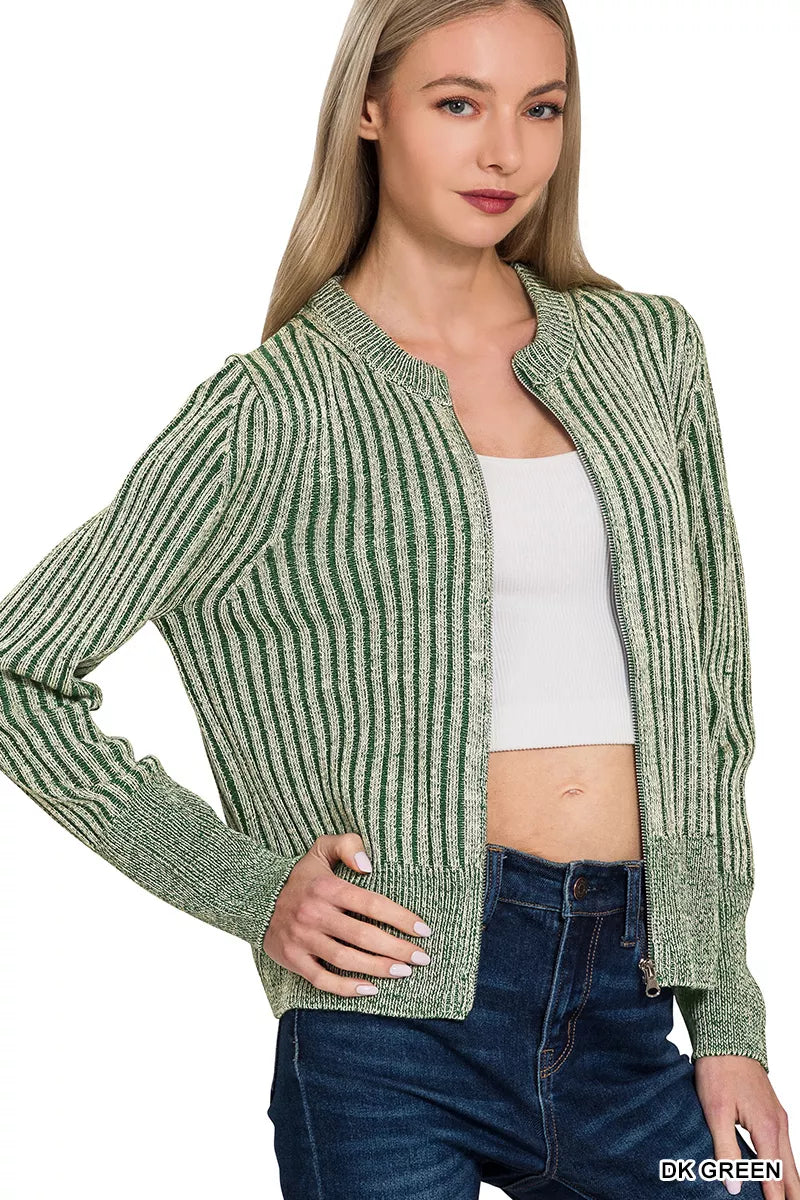 Zenana Womens Cardigan Dark Green Ribbed Two Tone Zip Up Sweater ca525461-c979-4aac-9f4d-3ee83fe3e8a2-Max-Origin Trendsi