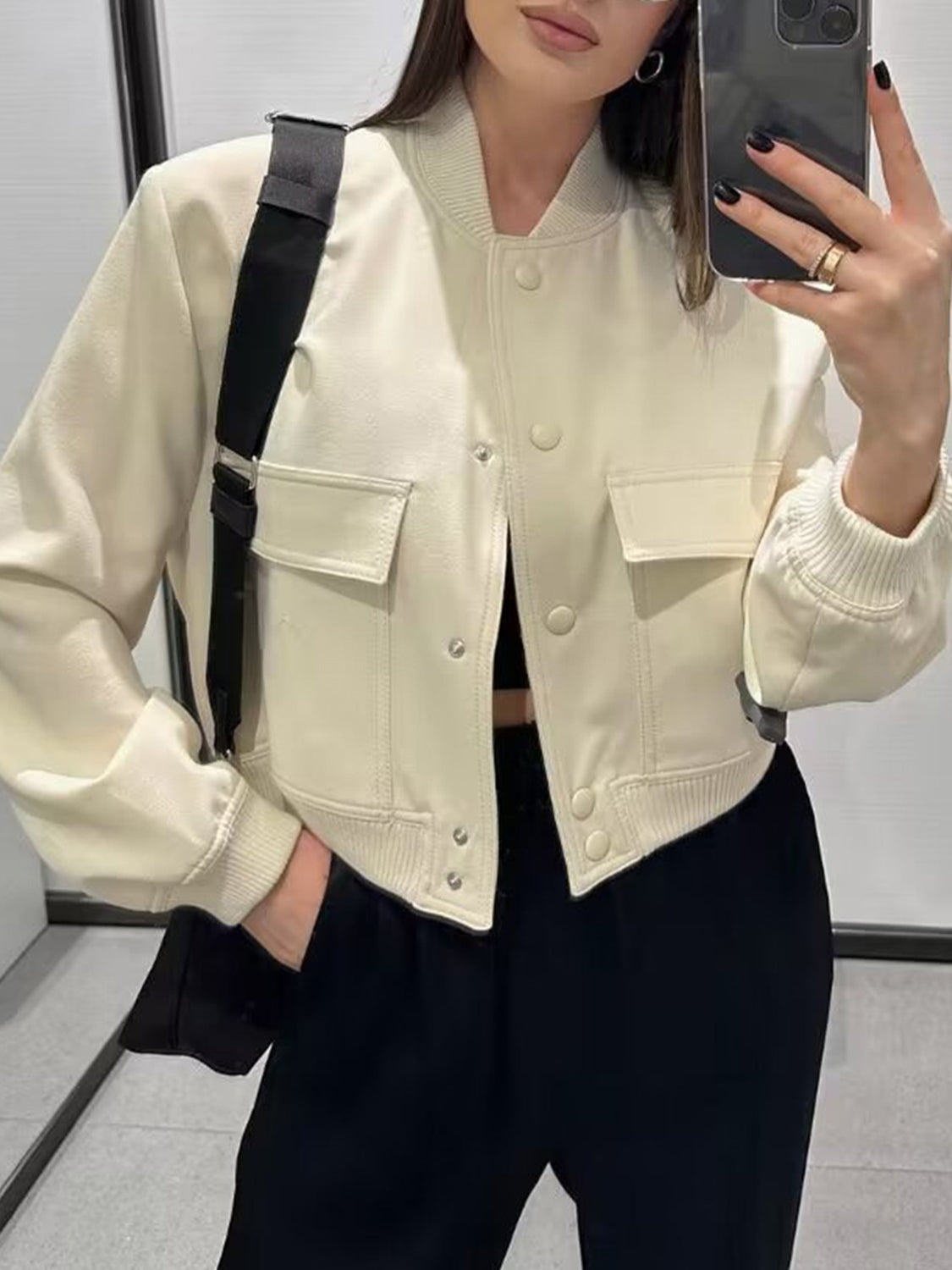 Women Baseball Cropped Jacket Pocketed Solid Snap Collared Long Sleeve Cream ca726068-ae07-4e4b-87d3-0b09fea79742-Max Trendsi